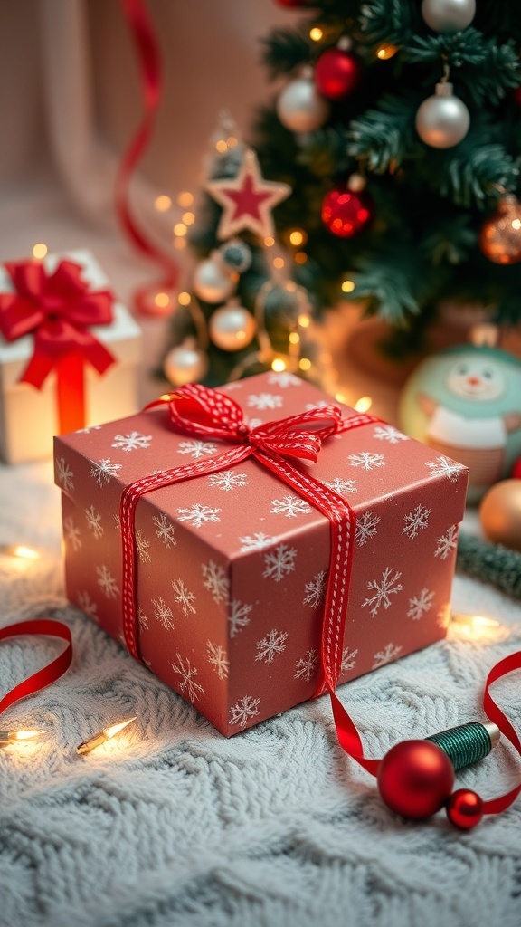 Thoughtful Christmas Gift Ideas for Him A decorated Christmas gift box with festive ornaments and a small tree.